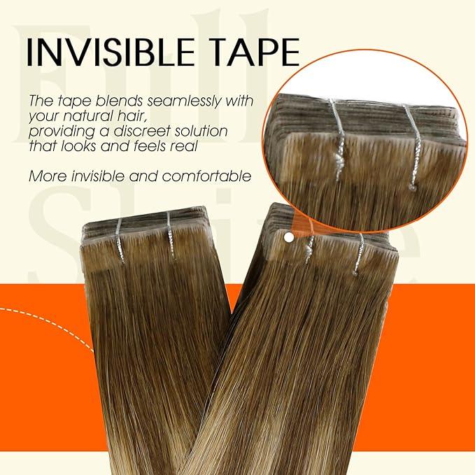 Full Shine Tape in Human Hair Extensions Color 4 Medium Brown Ombre 24 Blonde And 4 Injected Remy Tape in Extensions Cuticles Aligned Travel Friendly Styling Natural 24Inch 50G 20Pcs