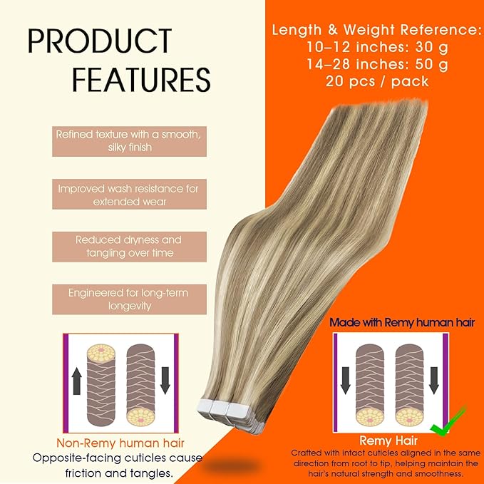 Full Shine Tape in Hair Extensions Human Hair 16Inch Blonde Human Hair Extensions Highlight Golden and Medium Blonde Invisible Tape in Extensions 50Gram 20Pcs Double Sided Seamless Skin Weft