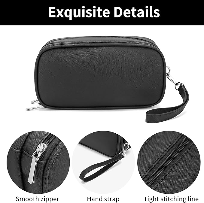 Makeup Bag for Women, Wide-open Makeup Organizer with Makeup Brush Holder, Waterproof Cosmetic Bag with Compartment, Portable Travel-Size Toiletry Bag for Traveling, Large Make Up Bag (Black)