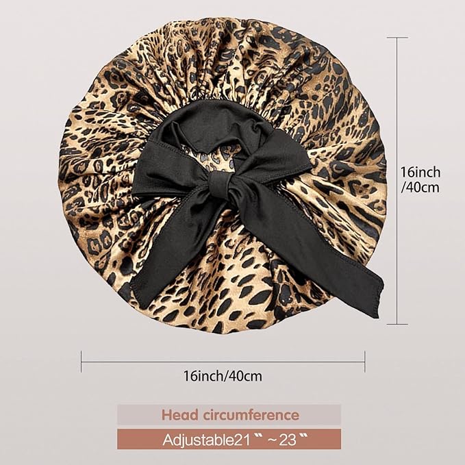 Arqumi 2 Pcs Cheetah-Print Satin Silk Bonnet for Sleeping Women with Long Strap Tie Band, Large Adjustable Cute Sleep Night Cap Hair Bonnet for Men Short Hair, Black+Leopard