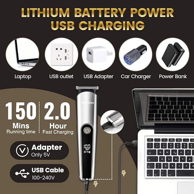 PRITECH Beard Trimmer for Men, 3 in 1 Hair Clippers for Men Kit, Nose,Ear,Micro Electric Shaver, Mens Grooming Set Cordless with LED Display IPX6 Waterproof (Silver)