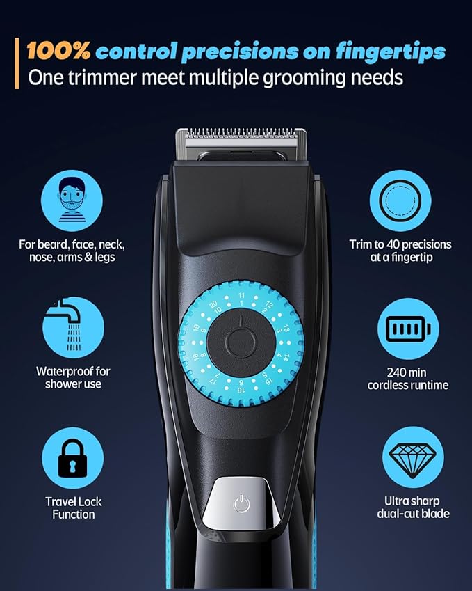 Beard Trimmer for Men, 120-Min Cordless Runtime, 0.5mm Precision Dial (40 Settings) - Constant Power Motor & IPX7 Waterproof Hair Clipper Kit with Detailer & Nose Trimmer, USB-C Quick Charge