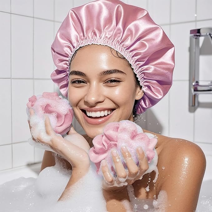 Smilco 2 Pack Shower Caps for Women, Reusable Waterproof Double Layer Bath Cap, Large EVA Elastic Hair Cover for Shower, Fits Long Hair & Braids, for Spa & Home