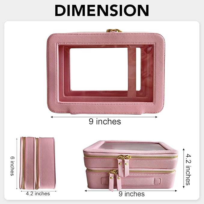 SANHECUN Clear Travel Toiletry bag Toiletry Case Carry on Travel Accessories Bag Makeup Bag Dimensions | LxWxH:9” x 6” x 4.2” (Pink, SHC-TL-2)