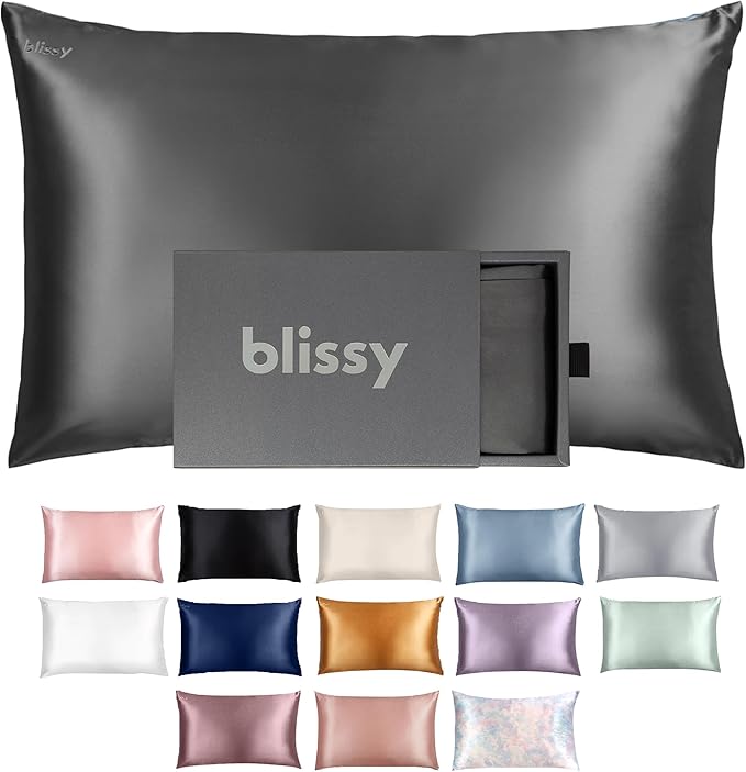 Blissy Silk Pillowcase - 100% Pure Mulberry Silk - 22 Momme 6A High-Grade Fibers - Silk Pillow Cover for Hair & Skin - Regular, Queen & King (Gray, Standard)
