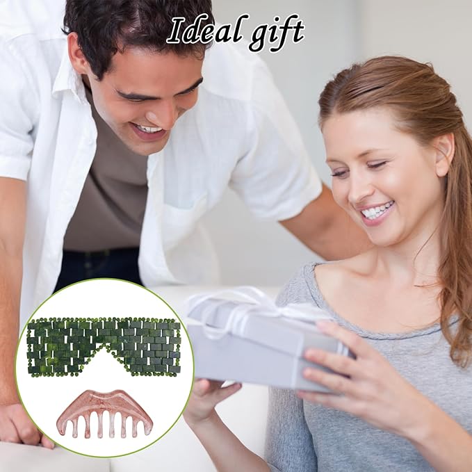 1 Jade Eye Mask and 1 Jade Comb Multi-Functional for Guasha Massage Facial Tools and Head Spa Tools Gifts, Totally 2 Pcs Esthetician Supplies (Deep Color)