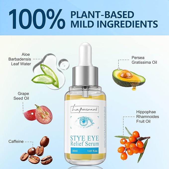 LA. PERSONAL Stye Eye Relief Serum for Eyelid Bumps, with Avocado Oil, Sea Buckthorn Oil & Caffeine, Gentle Formula 1.01 Fl Oz / 30 Ml