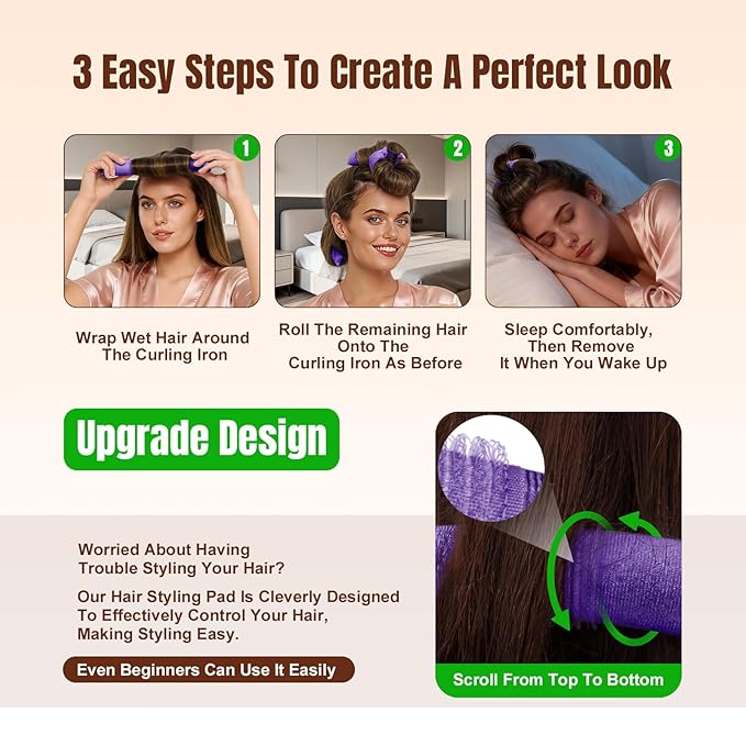 BLAAROOM Overnight Heatless Hair Curler, Upgraded with Hair Pad Grippers Satin Jumbo Flexi Blowout Curls Rods, 3pcs No-Heat Styling Tools Curling Rod to Sleep in for All Hair Types - Purple