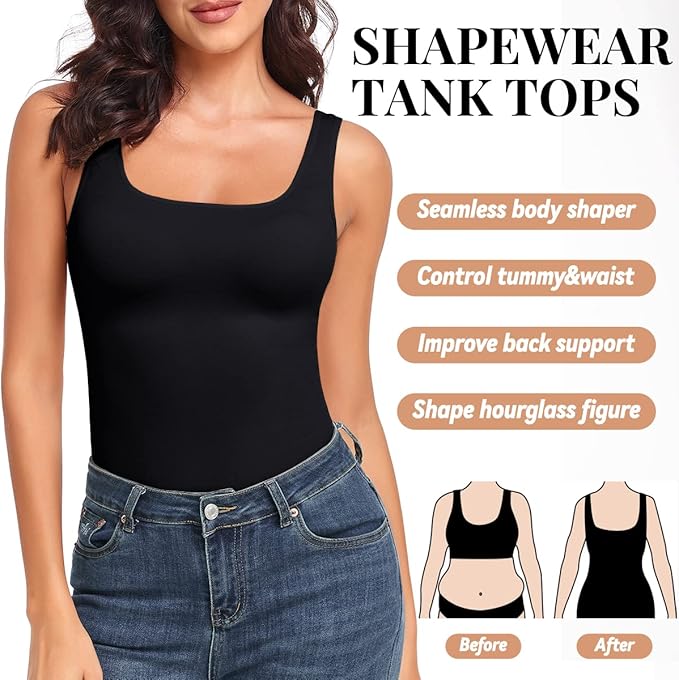 EUYZOU Women's Tummy Control Shapewear Tank Tops Seamless Square Neck Compression Tops Slimming Body Shaper Camisole