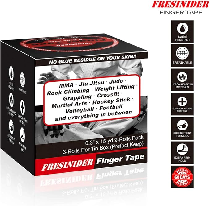 Finger Tape - Strong Athletic Tape | 0.3” x 45 Feet (9 Pack) Tin Set | No Sticky Residue | for Rock Climbing, BJJ Jiu Jitsu, Grappling, Judo, MMA, Rock Climbing and Martial Arts (Black)