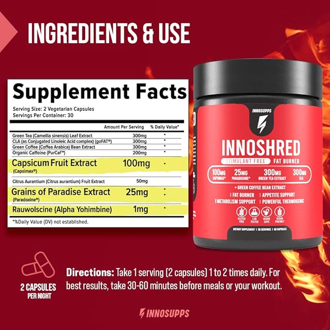 Inno Shred - Day Time Burner | Stimulant Free | 100mg Capsimax, Grains of Paradise, Green Tea Extract (60 Veggie Capsules) | (Stimulant Free)