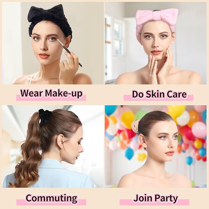LEOBRO Spa Headband for Skin Care and Makeup, Headbands for Washing Face for Teen Girls Women, with Hair Scrunchies, Basket Valentines Gifts for Girls Women (Pink & Creamy White & Black)