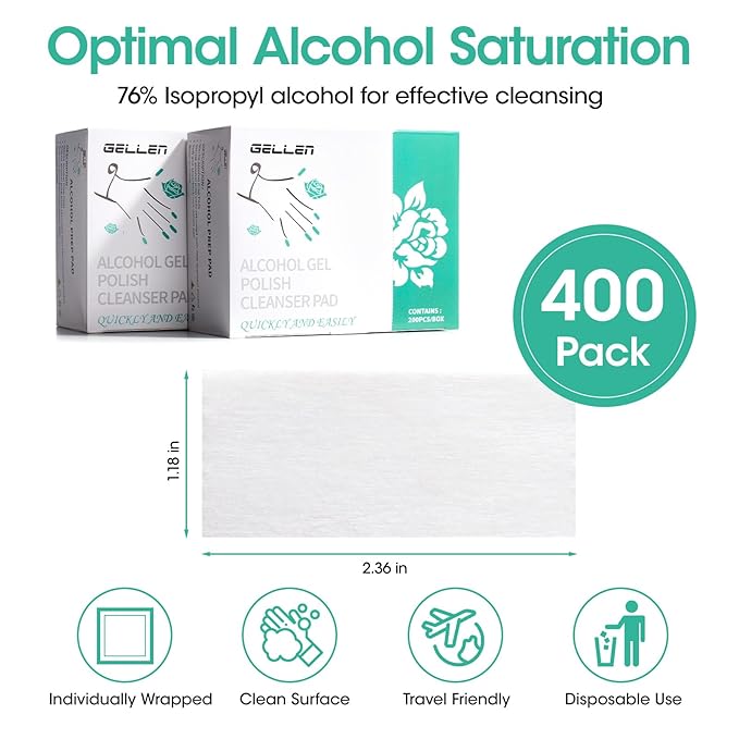 Gellen 400 Pack Nail Cleanser Pads, Alcohol Pads for Nails, Individually Wrapped Nail Prep Pads, Lint-free Tacky Layer Residue Remover Wipes for Acrylic & Builder Gel Polish Press-ons