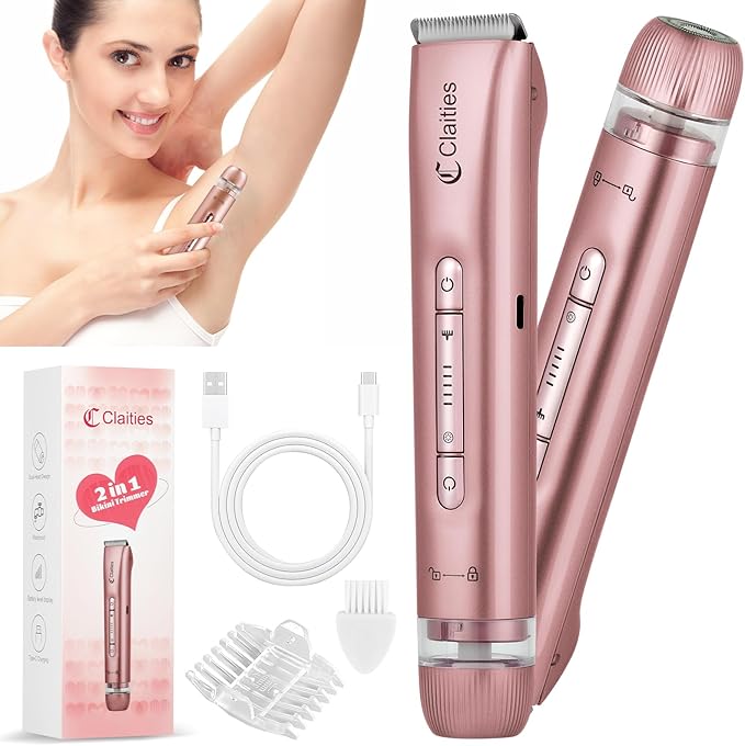 2 in 1 Women Electric Shaver Dual Head Bikini Trimmer for Women IPX7 Waterproof Wet & Dry Use Body Hair Trimmer and Facial Hair Remover for Bikini Underarm Leg Arm Body Face（Rose Gold）