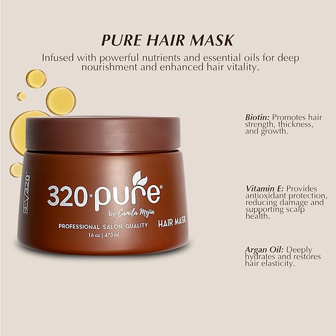 Rev320 320Pure Hair Mask for Damaged Hair 16oz, Mascarilla para el cabello, Deep Conditioning Mask for Dry, Frizzy, Color-Treated & Curly, Hydrating Treatment for Growth & Repair