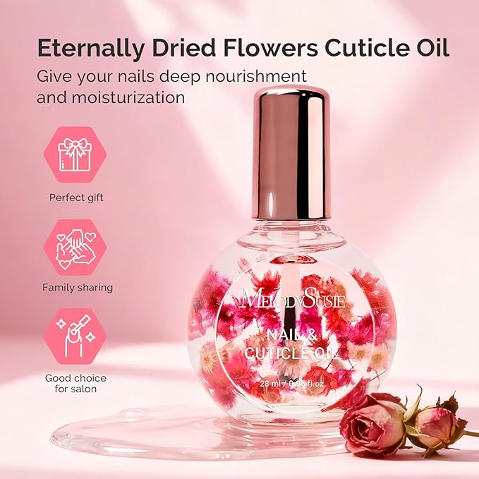 MelodySusie 28ml Rose Cuticle Oil for Nails,Infused with Real Flowers, Strengthens, Repairs,Hydrating and Nourishing Cuticle Oil for Stronger, Healthier Nails 0.95 fl. Oz