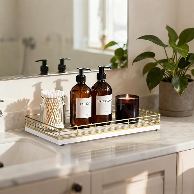 Large Bathroom Vanity Tray – 13" x 8" Oak Decorative Wooden Tray for Bathroom Countertop & Vanity Organizer, Wood Tray for Perfume, Skincare & Accessories Storage, Vanity Dresser Decor Gold & White