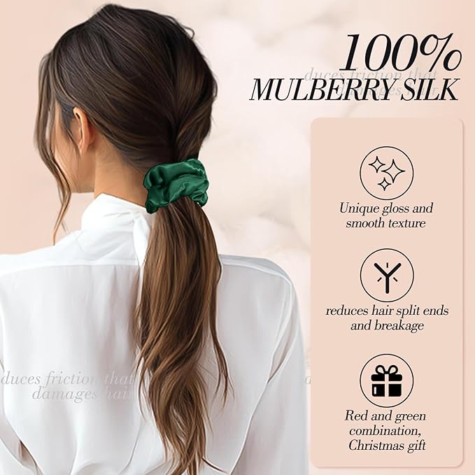 4Pcs Green Mulberry Silk Hair Scrunchies, Red Gifts for Women Girls Silk Hair Ties for Hair Sleep for Frizz Breakage