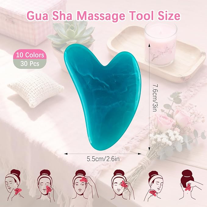 30 Pcs Gua Sha Facial Tool Resin Gua Sha Massage Tool Heart Shaped Guasha Stone Guasha Board for Face Body Skin Massage Spa Acupuncture Prevent Wrinkles