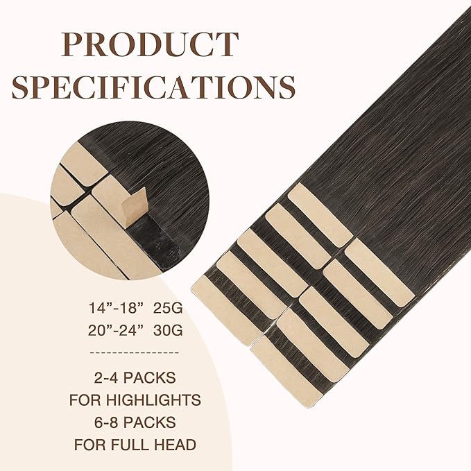 GOO GOO Tape in Hair Extensions Human Hair, 1C Mocha Brown, 18inch 25g 10pcs, Skin Weft Seamless Invisible, Silky Straight with Thick Ends, Remy Human Hair