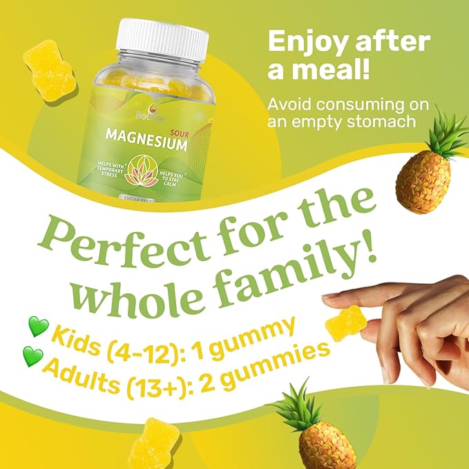 BeLive Magnesium Gummies 200mg - 60 Ct | Magnesium Glycinate Supplements for Relaxation, Stress Relief, and Sleep for Adults & Kids - Tasty and Tangy Pineapple Flavor (2)