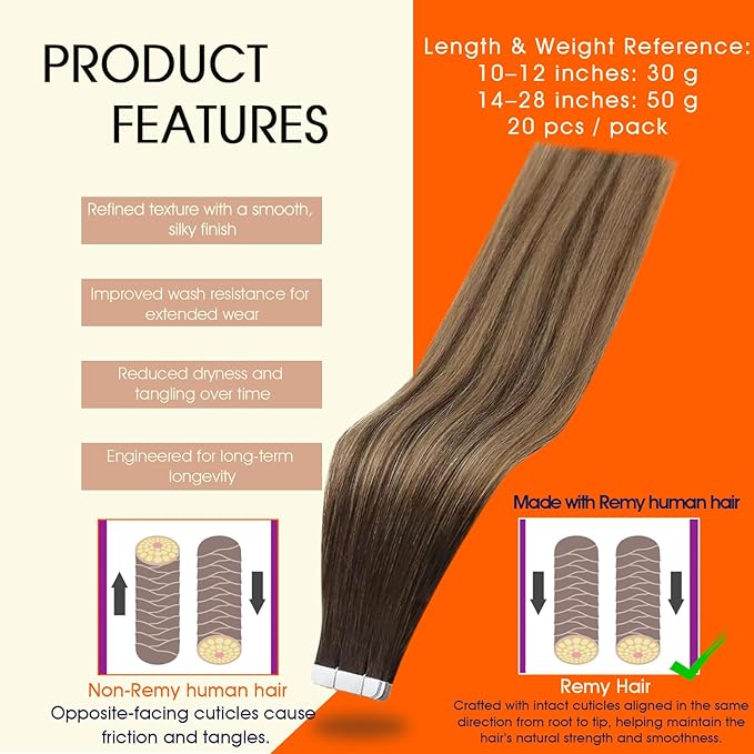Full Shine Hair Extensions Tape in Color 2 Darkest Brown Ombre 3 Darker Brown And 27 Caramel Blonde Long Tape in Hair Extensions Remy Seamless Invisible Skin Weft 18Inch 50G 20Pcs Natural Straight