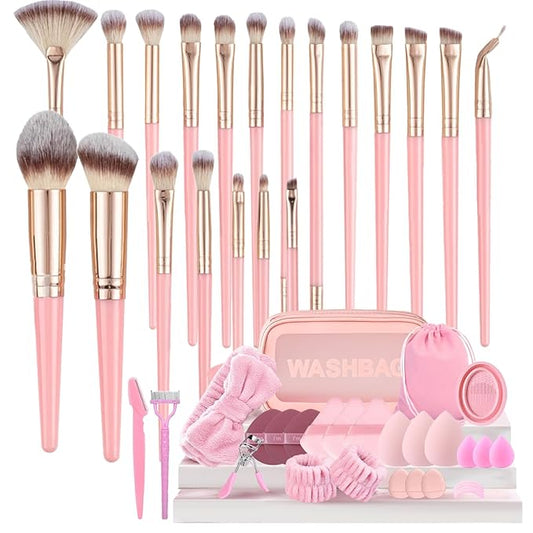 Makeup Brush Set, 48Pcs Makeup Brushes Set Professional Kit for Beginner, Premium Synthetic Foundation Concealers Powder Eye Shadows Blush Make up Brushes with Makeup Sponge, Pink