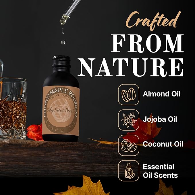 Tuscan Cooper's Baby Faced Beards Oil for Men - Hydrating, Nourishing, Natural Beard Softener and Conditioner for All Hair Types. Coconut, Jojoba, and Sweet Almond Moisture - Smoked Maple Bourbon