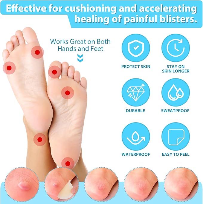 64ct Blister Bandages Waterproof Hydrocolloid Gel Pads for Heels & Toes, Adhesive Blister Cushions for Foot Protection, Hiking Essentials, Blister Prevention Patches, Soft Variety Band-Aids