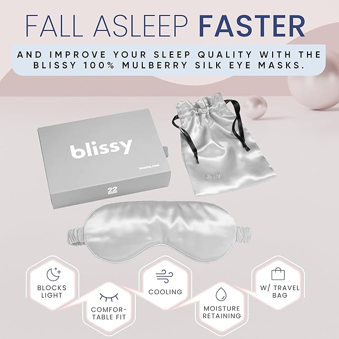 Blissy Silk Sleep Mask - Eye Sleeping Mask for Women & Men for Total Blackout - 100% Pure Mulberry Silk, 22 Momme 6a Fibers - Blindfold Sleep Mask Side Sleeper Eye Cover (Silver)