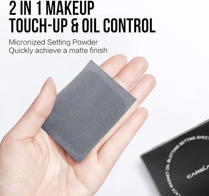 CARSLAN Makeup Blotting Paper with Powder, Black Magnet Blotting Sheet for Oily & Combination Skin, Portable Compact with Puff & Mirror, Keeps Makeup Fresh All Day, 450 Sheets + 8 Refill Adhesive Pads