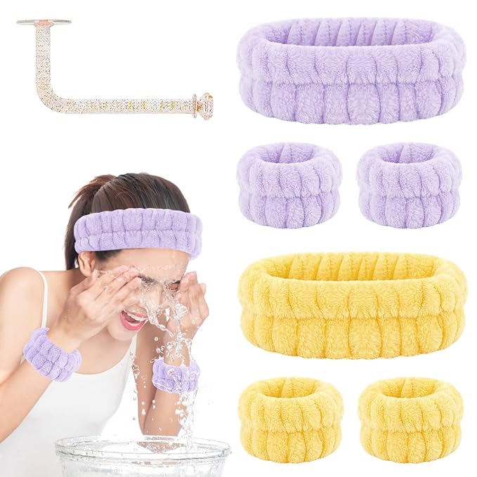 Face Wash Headband and Wristband Set of 2, Purple and Yellow, Microfiber, One Size, with Holder for Washing Face, Absorbent Spa Wristbands