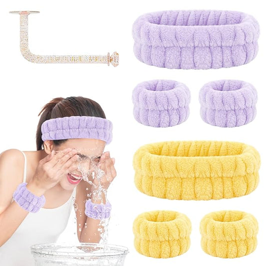 Face Wash Headband and Wristband Set of 2, Purple and Yellow, Microfiber, One Size, with Holder for Washing Face, Absorbent Spa Wristbands