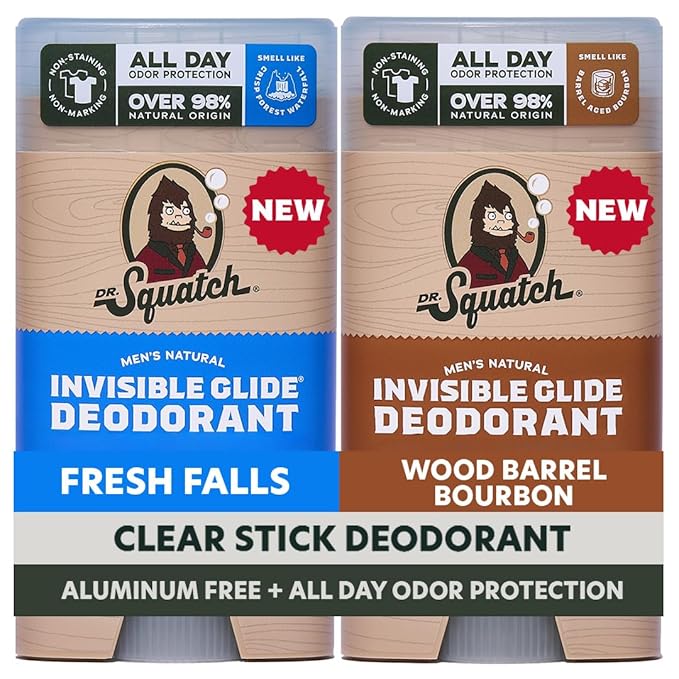 Dr. Squatch Invisible Glide Natural Men’s Deodorant – Smooth Glide, No Stains – Aluminum Free Deodorant Men – Safe for Sensitive Skin – Fresh Falls + Wood Barrel Bourbon – 2.65oz (2-Pack)