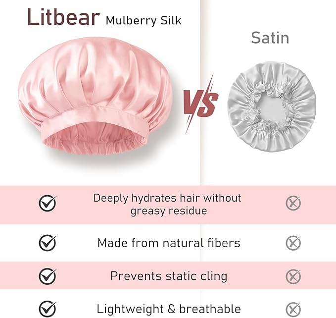 LitBear 100% Mulberry Silk Bonnet for Sleeping Women, 22 Momme Silk Hair Wrap with Elastic Band for Long Short Curly Hair