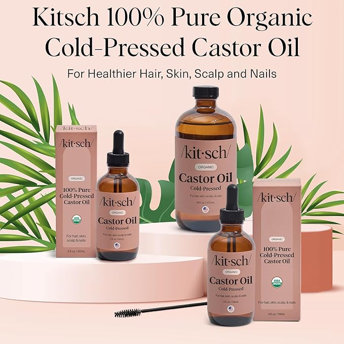 Kitsch Organic Castor Oil for Hair Growth - 100% Pure Castor Oil, Organic Cold Pressed Unrefined Glass Bottle for Face, Skin, Lashes, Brows, Scalp, Nails & Belly Button | Ideal Gifts for Women - 2 oz
