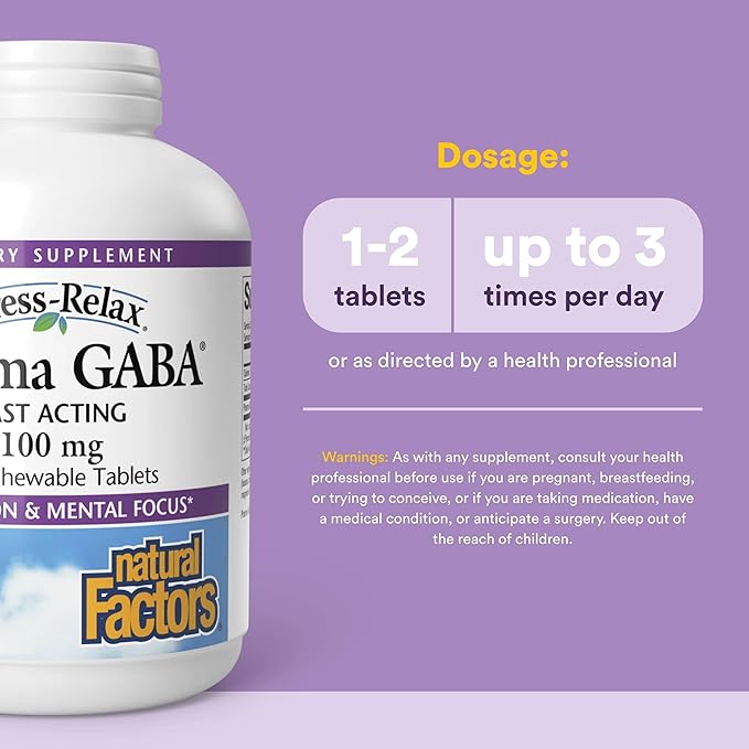 Natural Factors Pharma GABA - Dietary Supplement Supports Calm Sleep & Sleep Quality - Natural, Fast-Working Supplement Aids Focus & Brain Health - 120 Chewable Tablets (60 Servings)