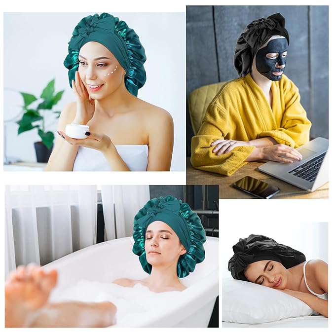 Arqumi 2 Pcs Satin Silk Bonnet for Sleeping Women, Large Long Strap Tie Band Adjustable Sleep Night Cap Hair Bonnet Wrap for Men, Black+Dark Green