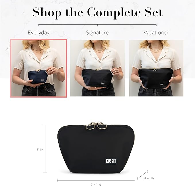 KUSSHI Washable Travel Makeup Bag for Purse (Everyday, Satin Black/Red)