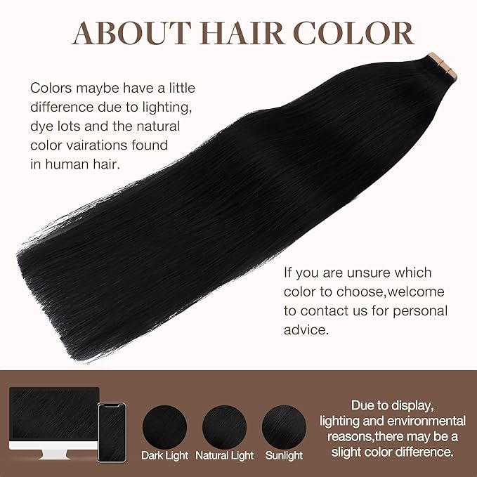 GOO GOO Tape in Hair Extensions Human Hair, 1 Jet black, 16inch 100g 40pcs, Skin Weft Seamless Invisible, Silky Straight with Thick Ends, Remy Human Hair