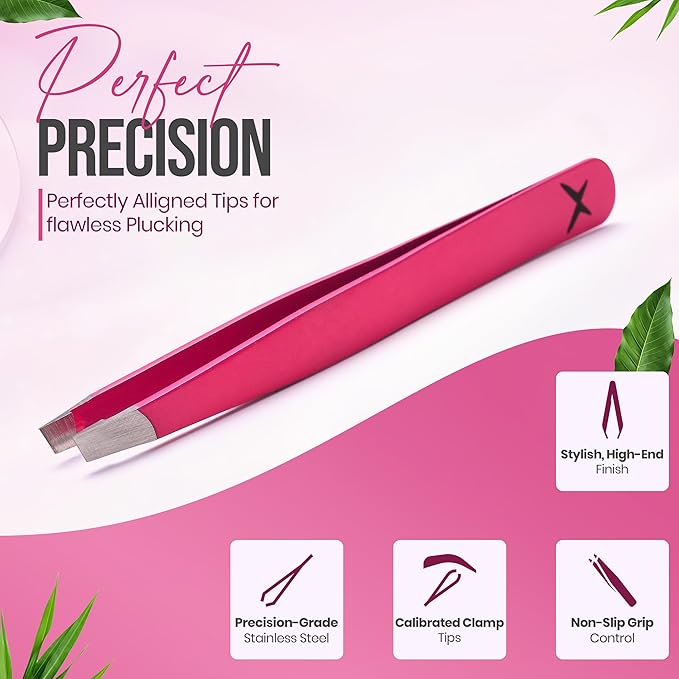 Stainless Steel Mini Slant Tweezer - Professional Precision Eyebrow Tweezers for Women & Men, Rust-Proof Travel Grooming Tool for Facial Hair Removal, Chin Hair & Ingrowns (Neon Pink)