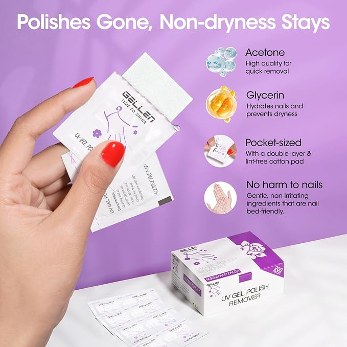 Gellen Gel Polish Remover Pad Kit, Acetone Polish Remover Pads & Alcohol Pads Cleanser Wipes, 400 Pack Travel Kit Professional Individually Wrapped Quick Easy with Glycerin Moisturizing