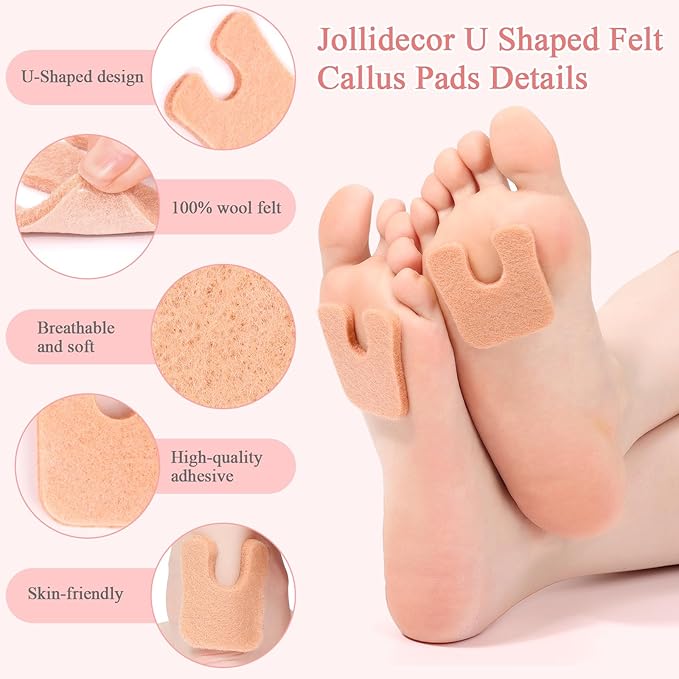 Jollidecor Callus Cushions U Shaped Felt Callus Pads Self Adhesive Foot Pads, 72Pcs Keep Calluses from Rubbing on Shoes Adhesive Pads for Men and Women, Brown