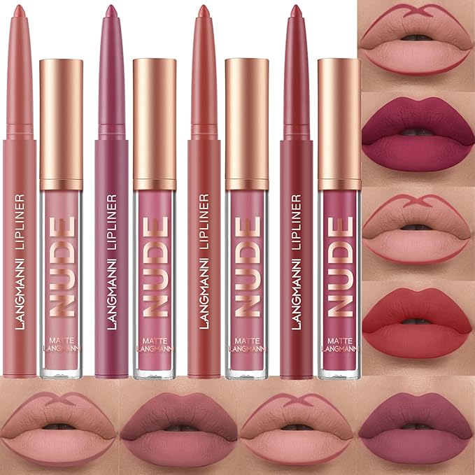 Jolilab 8Pcs Matte Lip Liner + Liquid Lipstick Set, One Step Velvety Nude Lip Stain Waterproof Long Wear High Pigment Lip Makeup Gift Set(#01+02+03+04)