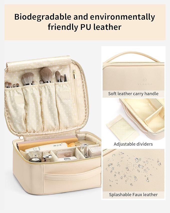 Vlando Travel Makeup Bag, Makeup Bag Organizer,Gift Ideas for Women Girls,Makeup Storgae Bag with Dividers and Handle,Gifts for Christmas,Birthday,Wedding Beige