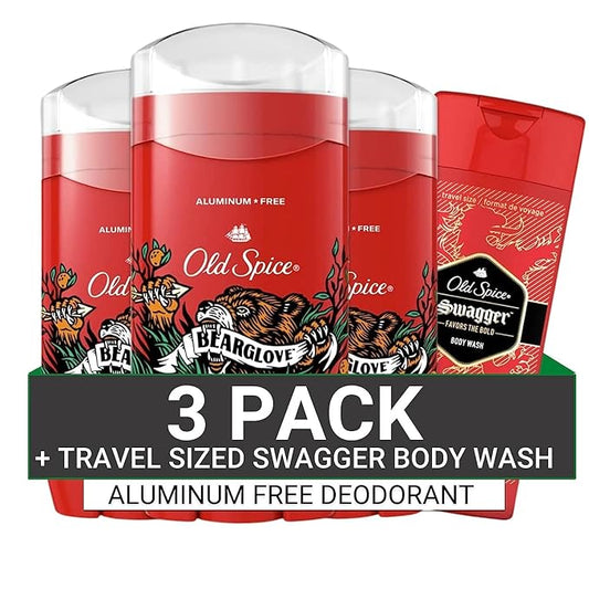 Old Spice Aluminum Free Deodorant for Men, 24/7 Odor Protection, 24/7 Freshness & Lasting Scent, Bearglove Scent, 3.0 oz with Travel Size Swagger Body Wash (Pack of 4)