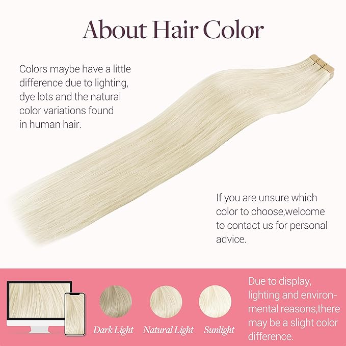 GOO GOO Tape in Hair Extensions Human Hair, 60A Platinum Blonde, 20inch 50g 20pcs, Skin Weft Seamless Invisible, Silky Straight with Thick Ends, Remy Human Hair