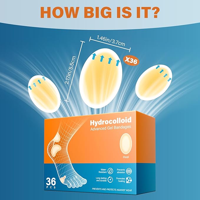 36pcs Hydrocolloid Gel Blister Bandages Pads Waterproof Adhesive Blisters Bandages - Blister Pads for Heel, Foot, Toe, Feet - Gel Blister Chshions for Prevention & Recovery (Heel Pack, Count, 36)