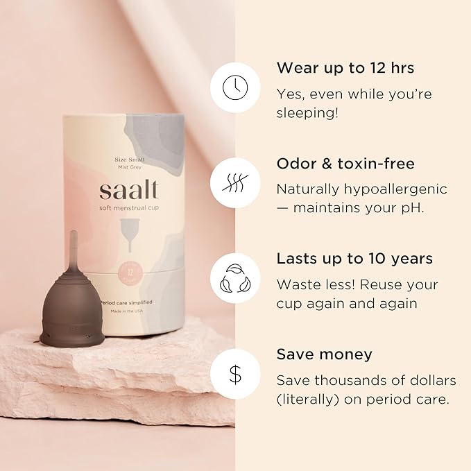 Saalt Soft Menstrual Cup – Reusable Period Cup – Made for Comfortable, Leak-Free Protection Up to 12 Hours – BPA & Latex Free – Includes Cup & Carry Bag (Regular, Grey)