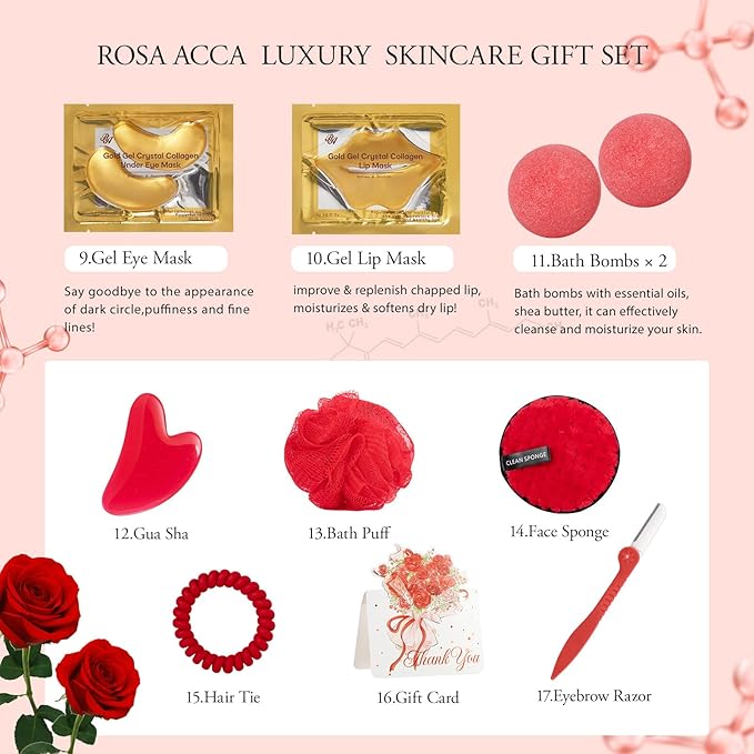 Valentines Day Gifts for Women, Rose 23 Pcs Facial Skin Care Set, Luxury Bath and Body Gifts, Spa & Self-Care Kit, Sheet Mask, Present, Birthday, Christmas, Mother Day, Anniversary, Bridal Shower